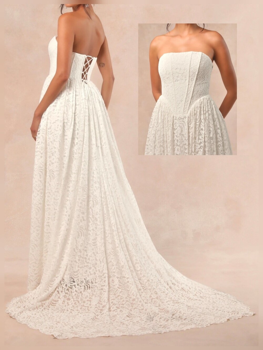 Lulus Shiori White Lace Bustier Basque Waist Strapless Maxi Dress Wedding Gown L
